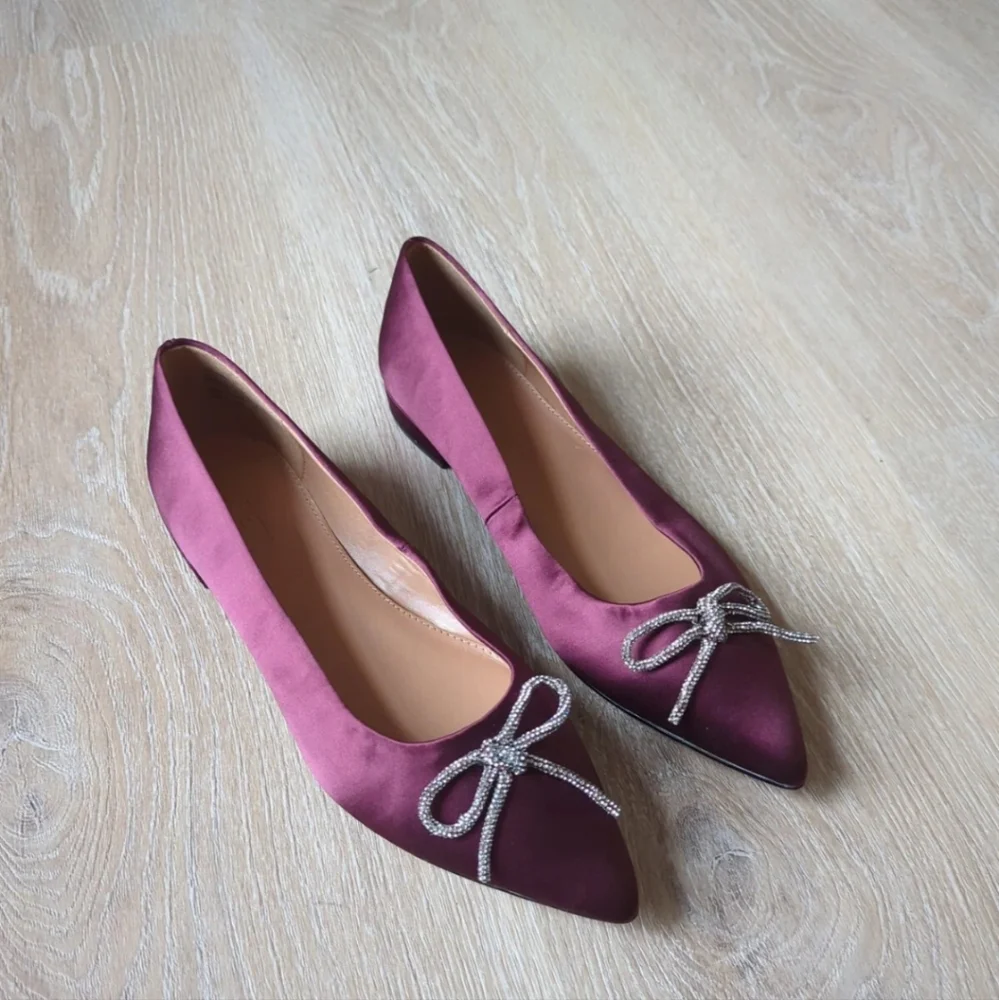 J Crew Womens Flat Size 7 Burgundy Satin Pointy Toe Dress Shoe Crystal Bow Comfy